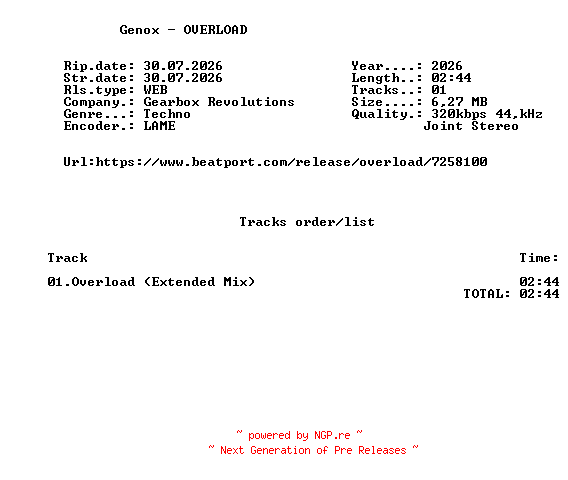 NFO for the release Genox_-_OVERLOAD-(GBR327)-SINGLE-WEB-2026-FMC by FMC
