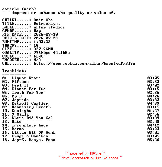 NFO for the release Amir_Obe-Detrooklyn.-16BIT-WEB-FLAC-2026-ENRiCH by ENRiCH