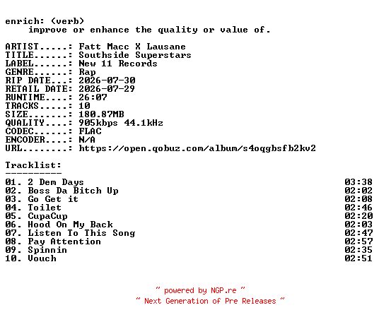 NFO for the release Fatt_Macc_X_Lausane-Southside_Superstars-16BIT-WEB-FLAC-2026-ENRiCH by ENRiCH