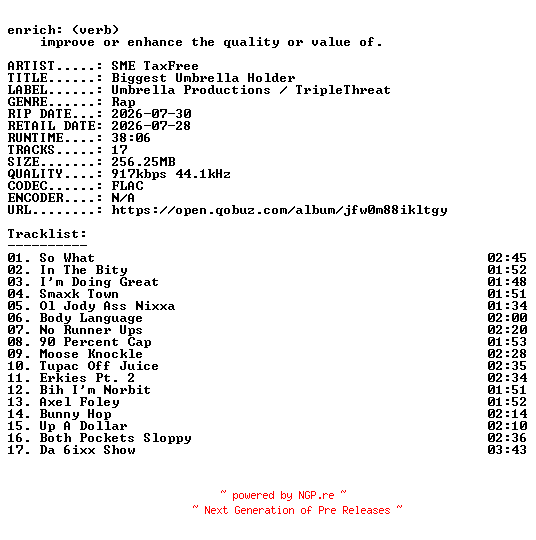 NFO for the release SME_TaxFree-Biggest_Umbrella_Holder-16BIT-WEB-FLAC-2026-ENRiCH by ENRiCH