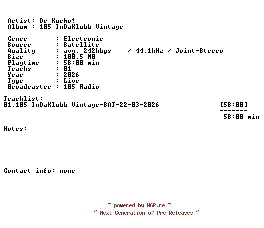NFO for the release Dr_Kucho-105_InDaKlubb_Vintage-SAT-22-03-2026-LFA by LFA