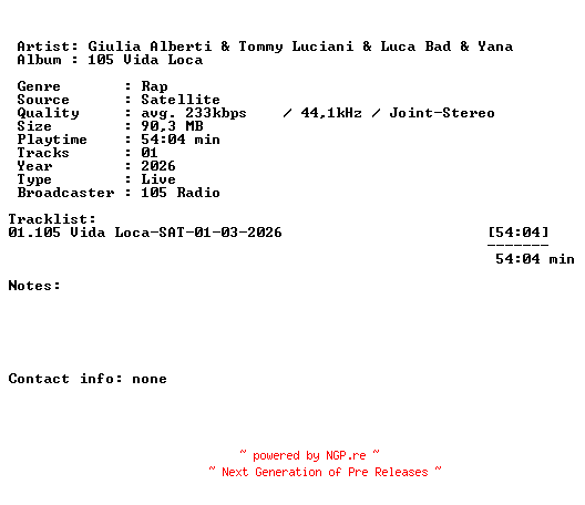 NFO for the release Giulia_Alberti_and_Tommy_Luciani_and_Luca_Bad_and_Yana-105_Vida_Loca-SAT-01-03-2026-LFA by LFA