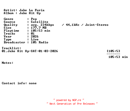 NFO for the release Jake_La_Furia-Jake_Hit_Up-SAT-01-03-2026-LFA by LFA