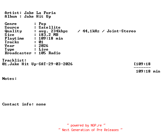 NFO for the release Jake_La_Furia-Jake_Hit_Up-SAT-29-03-2026-LFA by LFA
