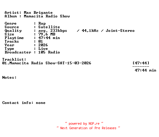 NFO for the release Max_Brigante-Mamacita_Radio_Show-SAT-15-03-2026-LFA by LFA
