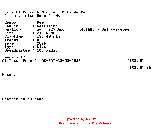 NFO for the release Mecca_and_Micolani_and_Linda_Pani-Tutto_Bene_A_105-SAT-22-03-2026-LFA by LFA