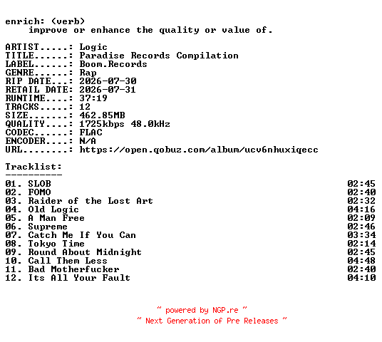 NFO for the release Logic-Paradise_Records_Compilation-OST-24BIT-WEB-FLAC-2026-ENRiCH by ENRiCH