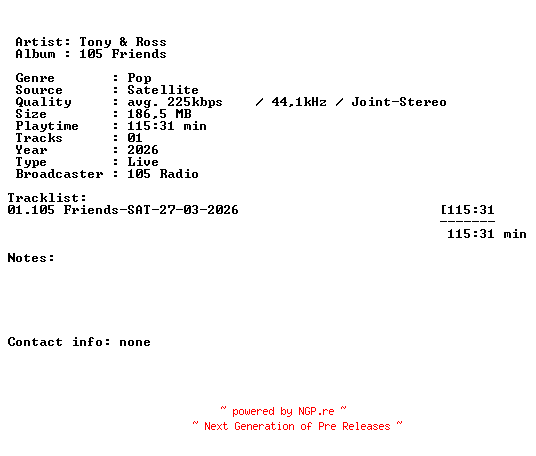 NFO for the release Tony_and_Ross-105_Friends-SAT-27-03-2026-LFA by LFA