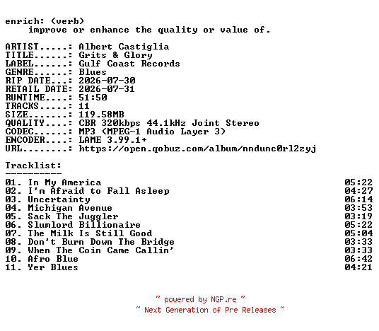 NFO for the release Albert_Castiglia-Grits_and_Glory-WEB-2026-ENRiCH by ENRiCH