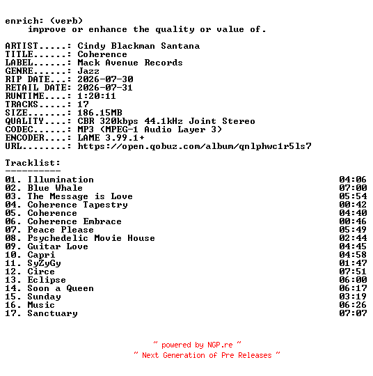 NFO for the release Cindy_Blackman_Santana-Coherence-WEB-2026-ENRiCH by ENRiCH