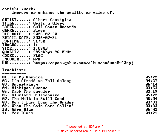 NFO for the release Albert_Castiglia-Grits_and_Glory-24BIT-WEB-FLAC-2026-ENRiCH by ENRiCH