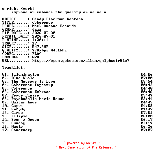 NFO for the release Cindy_Blackman_Santana-Coherence-16BIT-WEB-FLAC-2026-ENRiCH by ENRiCH