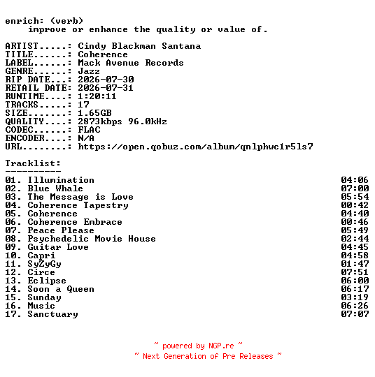 NFO for the release Cindy_Blackman_Santana-Coherence-24BIT-WEB-FLAC-2026-ENRiCH by ENRiCH