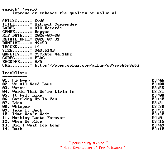 NFO for the release SOJA-Without_Surrender-16BIT-WEB-FLAC-2026-ENRiCH by ENRiCH