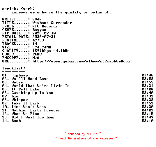 NFO for the release SOJA-Without_Surrender-24BIT-WEB-FLAC-2026-ENRiCH by ENRiCH