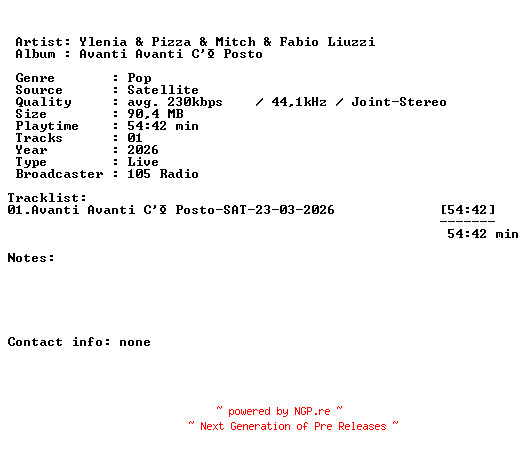 NFO for the release Ylenia_and_Pizza_and_Mitch_and_Fabio_Liuzzi-Avanti_Avanti_Ce_Posto-SAT-23-03-2026-LFA by LFA