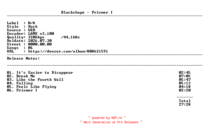 NFO for the release Blackshape-Prismer_I-WEB-2025-ALPMP3 by ALPMP3