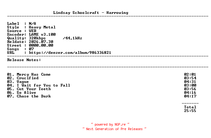 NFO for the release Lindsay_Schoolcraft-Harrowing-WEB-2026-ALPMP3 by ALPMP3