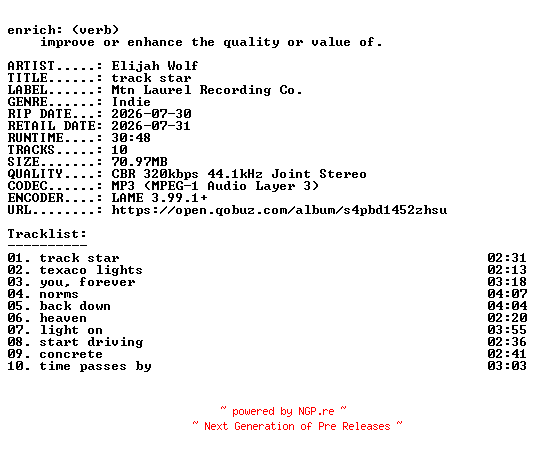 NFO for the release Elijah_Wolf-track_star-WEB-2026-ENRiCH by ENRiCH