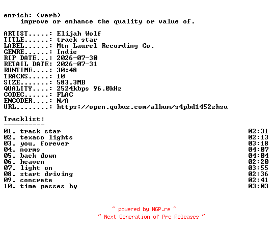 NFO for the release Elijah_Wolf-track_star-24BIT-WEB-FLAC-2026-ENRiCH by ENRiCH