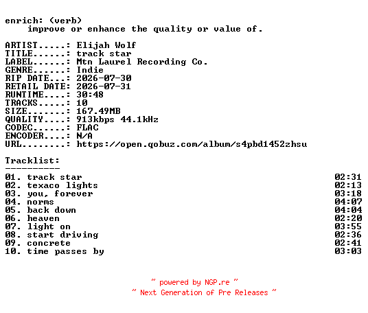 NFO for the release Elijah_Wolf-track_star-16BIT-WEB-FLAC-2026-ENRiCH by ENRiCH