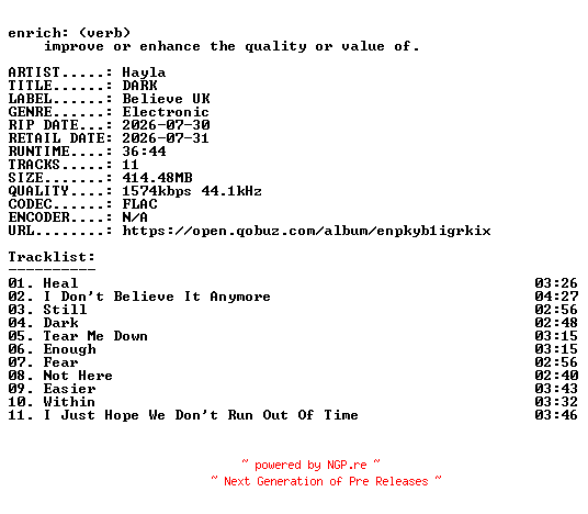 NFO for the release Hayla-DARK-24BIT-WEB-FLAC-2026-ENRiCH by ENRiCH