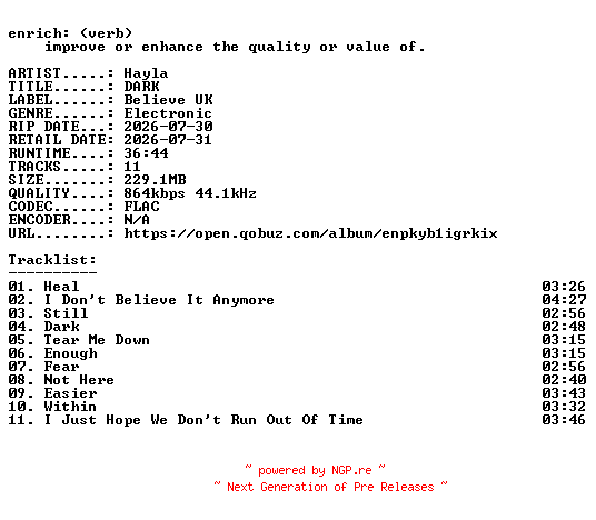NFO for the release Hayla-DARK-16BIT-WEB-FLAC-2026-ENRiCH by ENRiCH