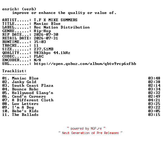 NFO for the release T.F_X_MIKE_SUMMERS-Maniac_Blue-16BIT-WEB-FLAC-2026-ENRiCH by ENRiCH