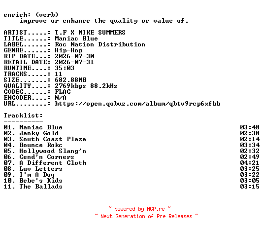 NFO for the release T.F_X_MIKE_SUMMERS-Maniac_Blue-24BIT-WEB-FLAC-2026-ENRiCH by ENRiCH