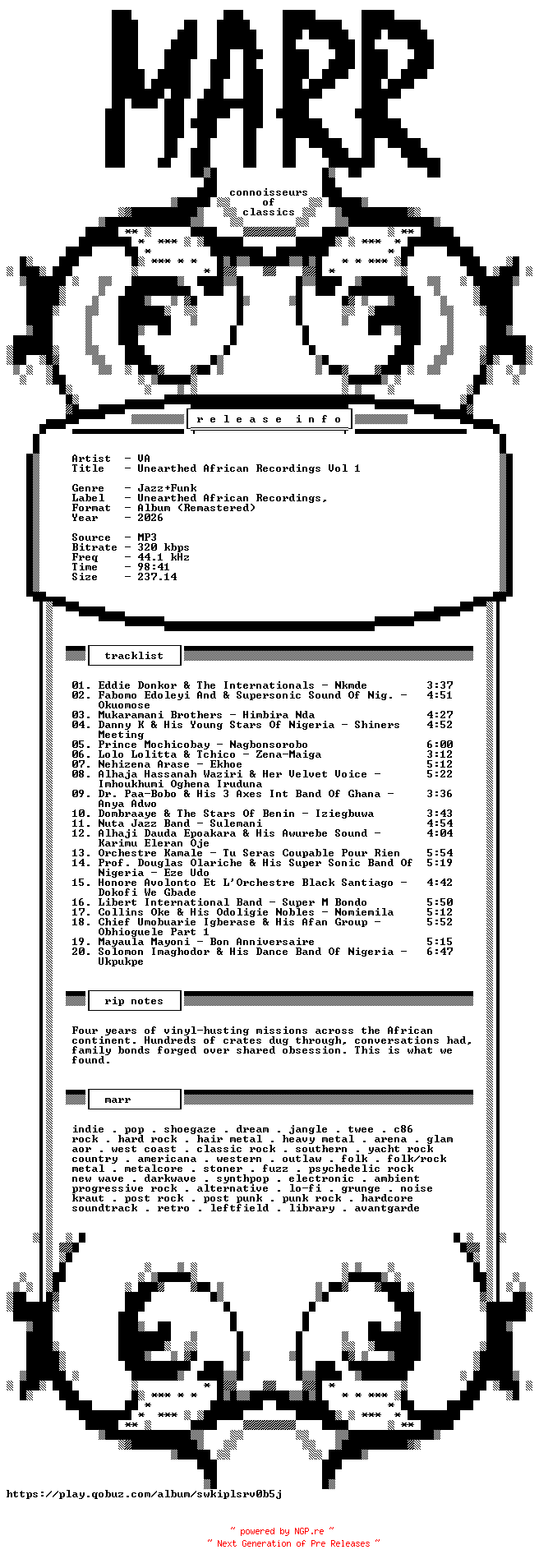 NFO for the release VA-Unearthed_African_Recordings_Vol_1-Remastered-WEB-2026-MARR by MARR