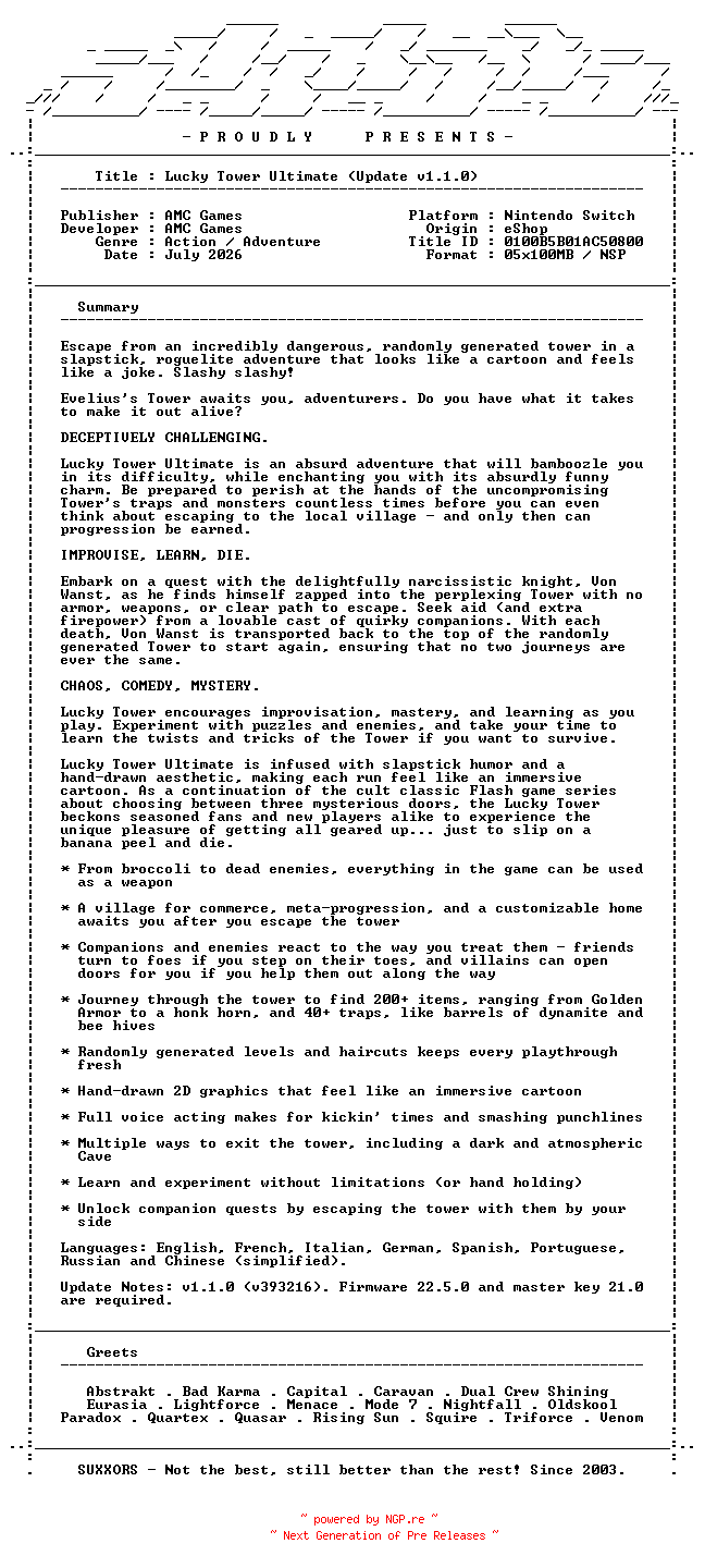 NFO for the release Lucky_Tower_Ultimate_Update_v1.1.0_NSW-SUXXORS by SUXXORS