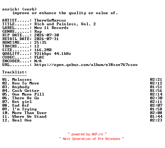 NFO for the release ThereGoMarcus-Rich_and_Painless_Vol._2-16BIT-WEB-FLAC-2026-ENRiCH by ENRiCH