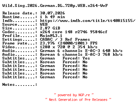 NFO for the release Wild.Sing.2026.German.DL.720p.WEB.x264-WvF by WvF