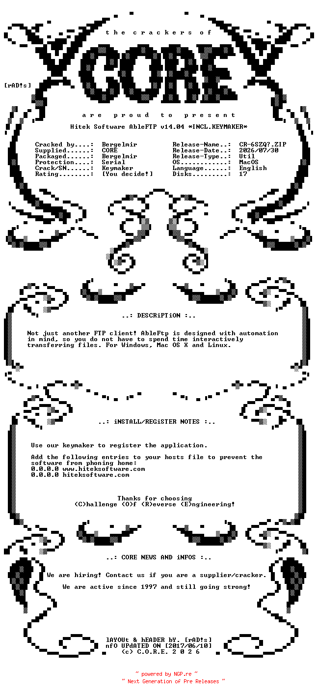 NFO for the release Hitek.Software.AbleFTP.v14.04.MacOS.UB.Incl.Keymaker-CORE by CORE