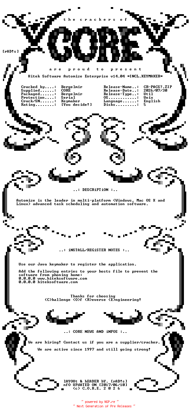 NFO for the release Hitek.Software.Automize.Enterprise.v14.04.Unix.Incl.Keymaker-CORE by CORE