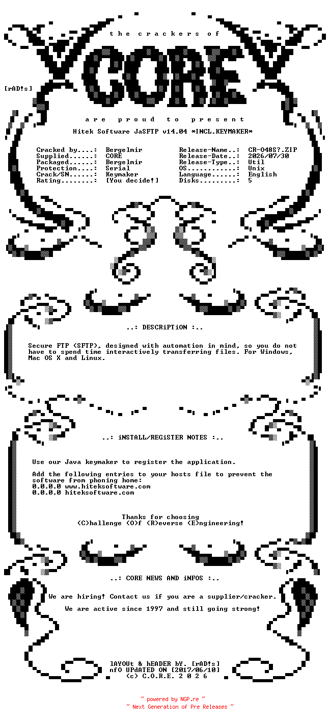 NFO for the release Hitek.Software.JaSFTP.v14.04.Unix.Incl.Keymaker-CORE by CORE
