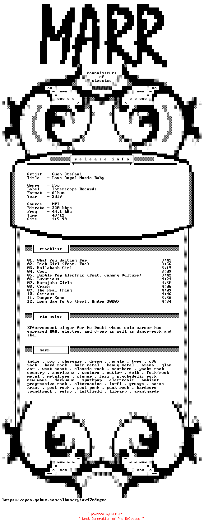 NFO for the release Gwen_Stefani-Love_Angel_Music_Baby-Remastered_15th_Anniversary_Edition-WEB-2019-MARR by MARR