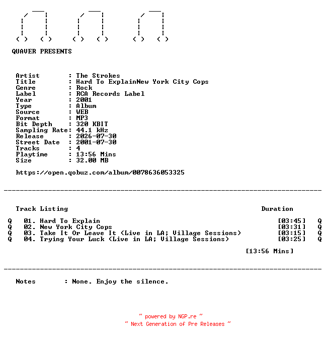 NFO for the release The_Strokes-Hard_To_ExplainNew_York_City_Cops-EP-WEB-2001-QUAVER by QUAVER