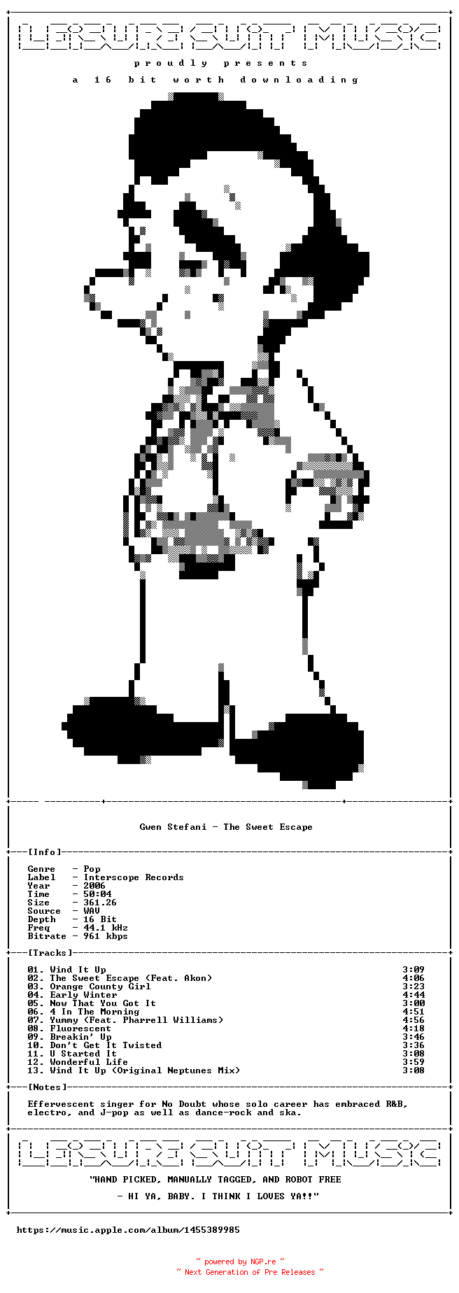 NFO for the release Gwen_Stefani-The_Sweet_Escape-Deluxe_Edition-16BIT-WEB-FLAC-2006-LSM by LSM