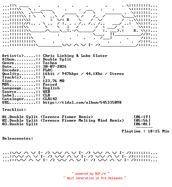 NFO for the release Chris_Liebing_And_Luke_Slater-Double_Split-CLR142-16BIT-WEB-FLAC-2026-WAVED by WAVED