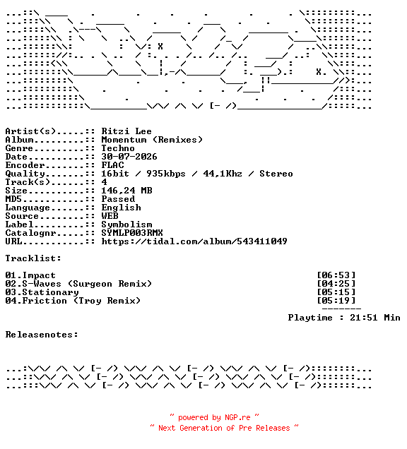 NFO for the release Ritzi_Lee-Momentum_Remixes-SYMLP003RMX-16BIT-WEB-FLAC-2026-WAVED by WAVED