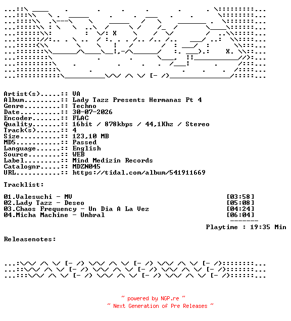 NFO for the release VA-Lady_Tazz_Presents_Hermanas_Pt_4-MDZN045-16BIT-WEB-FLAC-2026-WAVED by WAVED