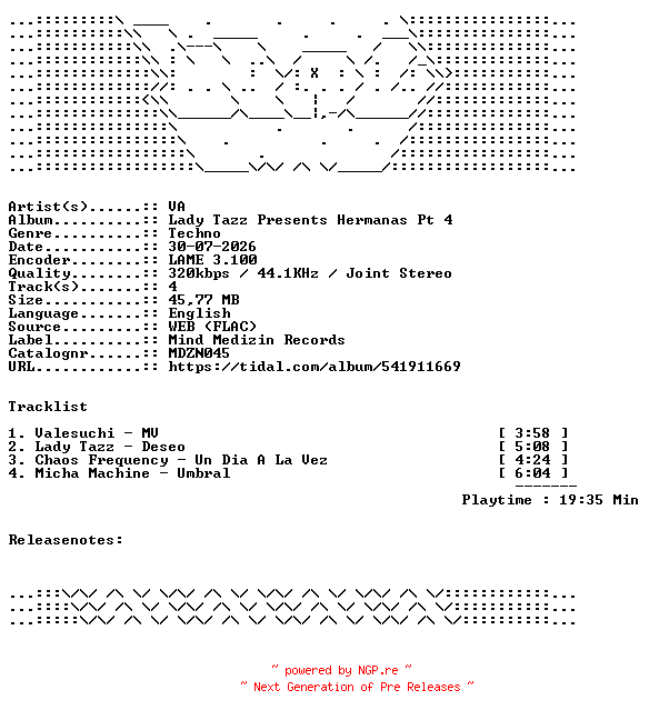 NFO for the release VA-Lady_Tazz_Presents_Hermanas_Pt_4-MDZN045-WEB-2026-WAV by WAV