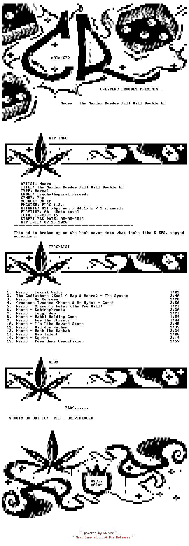 NFO for the release Necro-The_Murder_Murder_Kill_Kill_Double_EP-CDEP-FLAC-2012-CALiFLAC by CALiFLAC