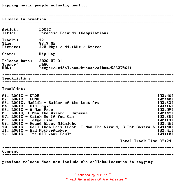NFO for the release LOGIC-Paradise_Records_(Compilation)-PROPER-WEB-2026-TACOS by TACOS