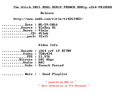 NFO for the release The.Witch.2015.REAL.RERiP.FRENCH.BDRip.x264-PRiDEHD by PRiDEHD