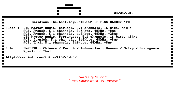 NFO for the release Insidious.The.Last.Key.2018.COMPLETE.QC.BLURAY-4FR by 4FR