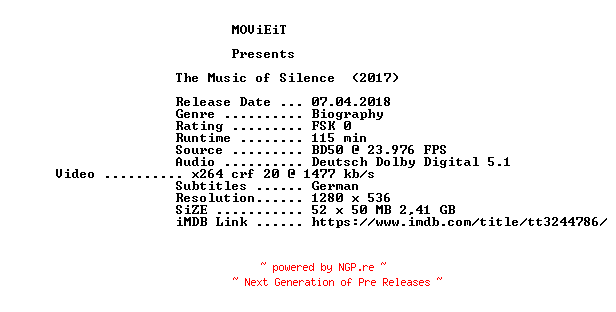NFO for the release The.Music.of.Silence.2017.German.720p.BluRay.x264-MOViEiT by MOViEiT