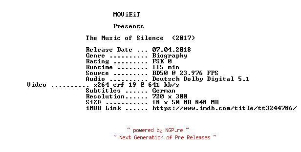 NFO for the release The.Music.of.Silence.German.2017.BDRiP.x264-MOViEiT by MOViEiT