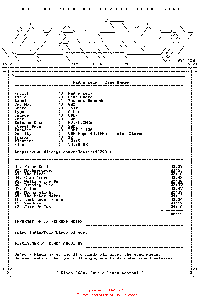 NFO for the release Nadja_Zela-Ciao_Amore-CD-2009-KINDA by KINDA